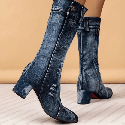 Dames Cowboy Laarzen Blauw Halfhoog Leer