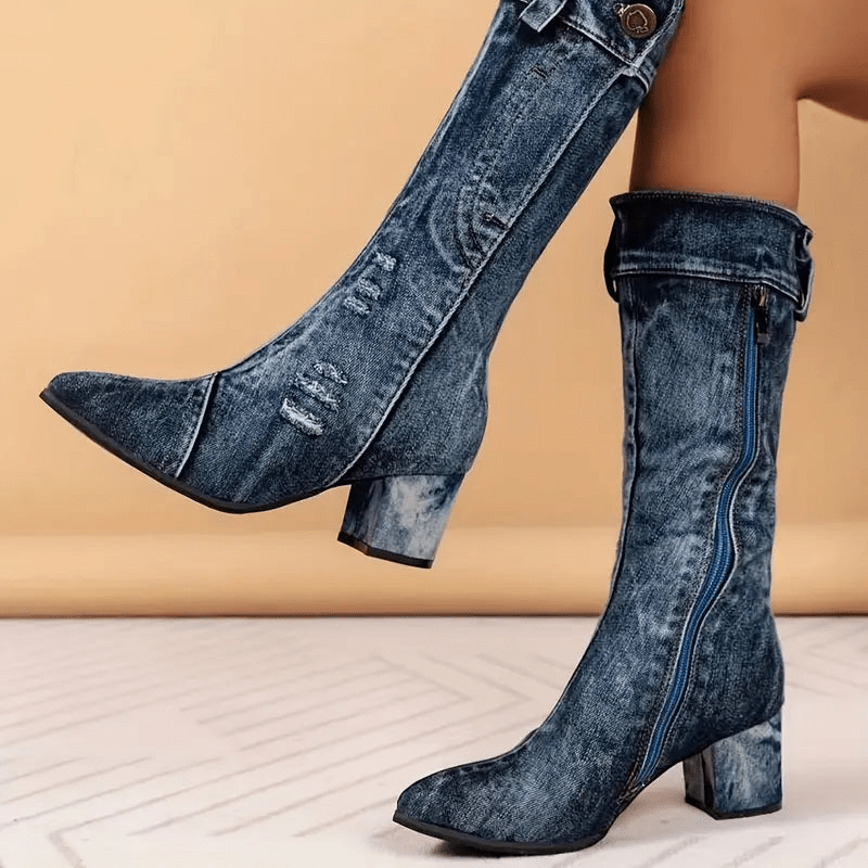 Dames Cowboy Laarzen Blauw Halfhoog Leer