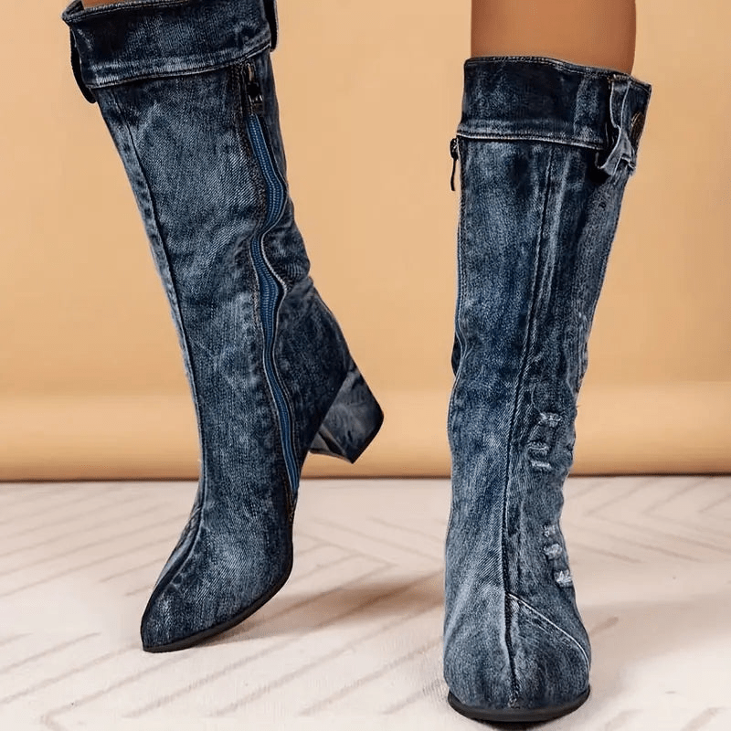 Dames Cowboy Laarzen Blauw Halfhoog Leer