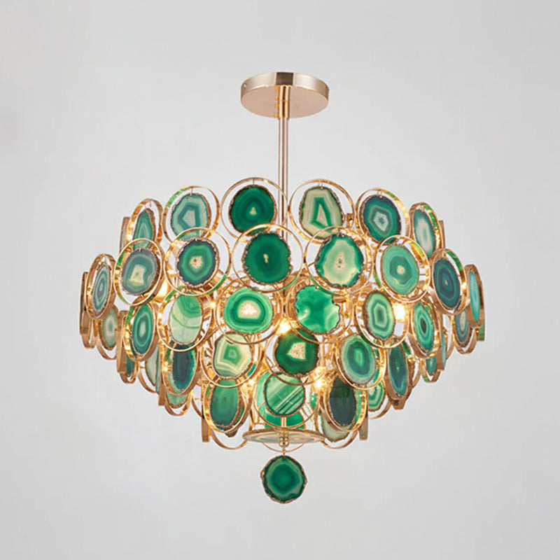 Agaat Kroonluchter – Natuursteen Hanglamp met Goudkleurige Montage – Echt Braziliaans Agaat Verlicht