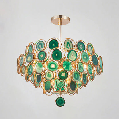 Agaat Kroonluchter – Natuursteen Hanglamp met Goudkleurige Montage – Echt Braziliaans Agaat Verlicht
