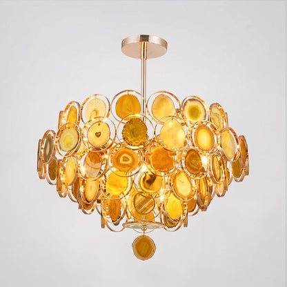 Agaat Kroonluchter – Natuursteen Hanglamp met Goudkleurige Montage – Echt Braziliaans Agaat Verlicht