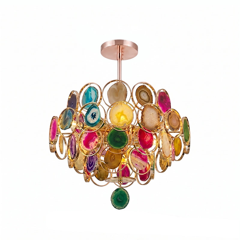 Agaat Kroonluchter – Natuursteen Hanglamp met Goudkleurige Montage – Echt Braziliaans Agaat Verlicht