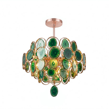 Agaat Kroonluchter – Natuursteen Hanglamp met Goudkleurige Montage – Echt Braziliaans Agaat Verlicht