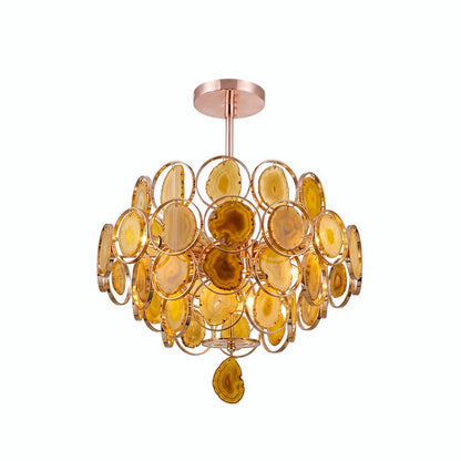 Agaat Kroonluchter – Natuursteen Hanglamp met Goudkleurige Montage – Echt Braziliaans Agaat Verlicht