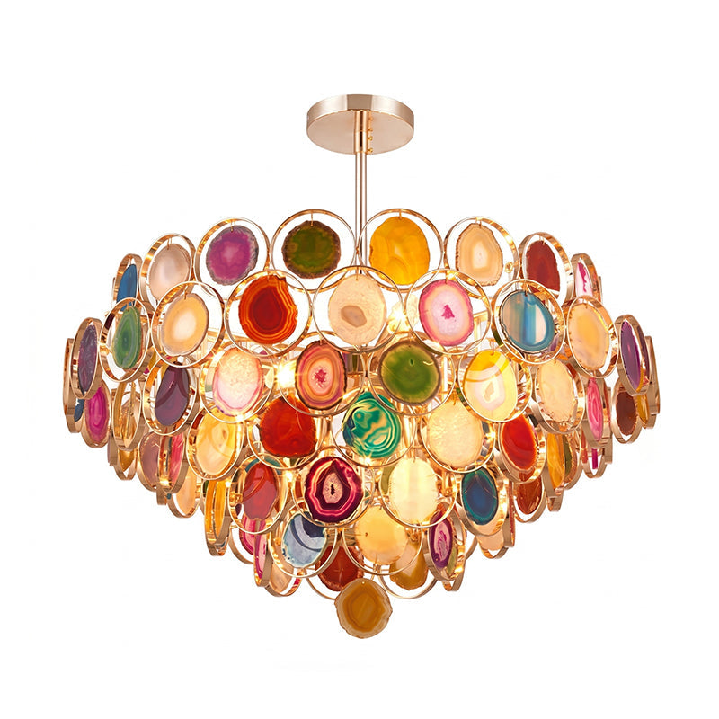 Agaat Kroonluchter – Natuursteen Hanglamp met Goudkleurige Montage – Echt Braziliaans Agaat Verlicht