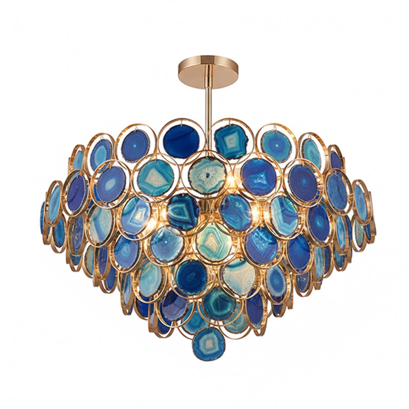 Agaat Kroonluchter – Natuursteen Hanglamp met Goudkleurige Montage – Echt Braziliaans Agaat Verlicht