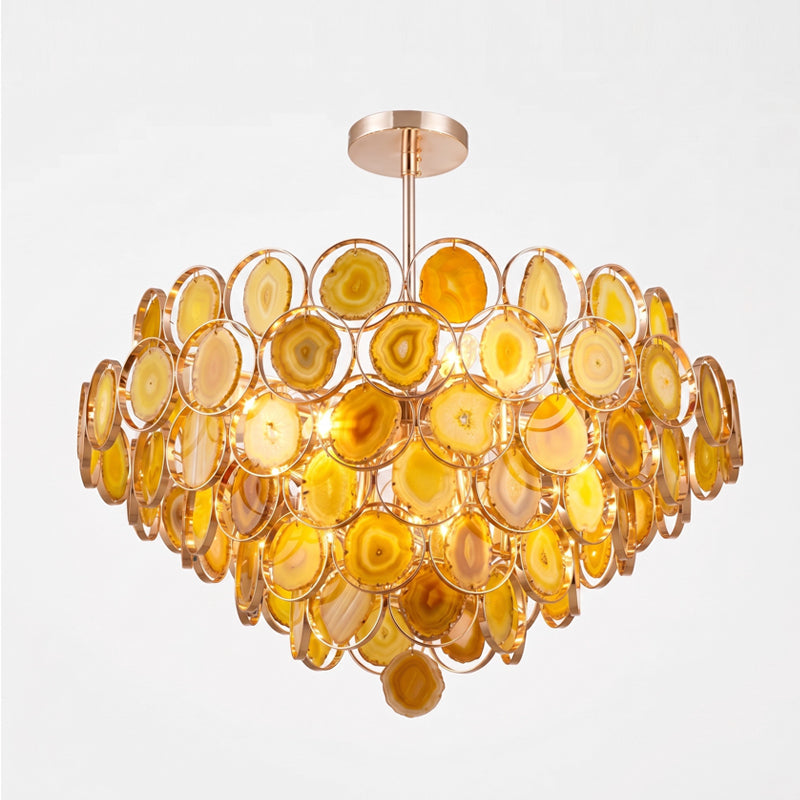 Agaat Kroonluchter – Natuursteen Hanglamp met Goudkleurige Montage – Echt Braziliaans Agaat Verlicht