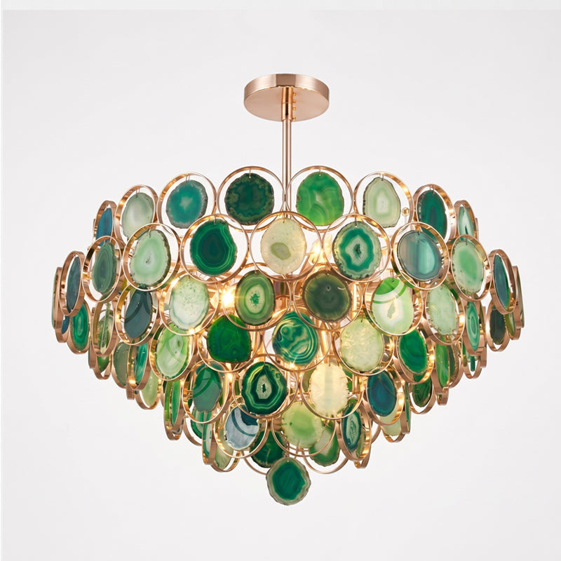 Agaat Kroonluchter – Natuursteen Hanglamp met Goudkleurige Montage – Echt Braziliaans Agaat Verlicht