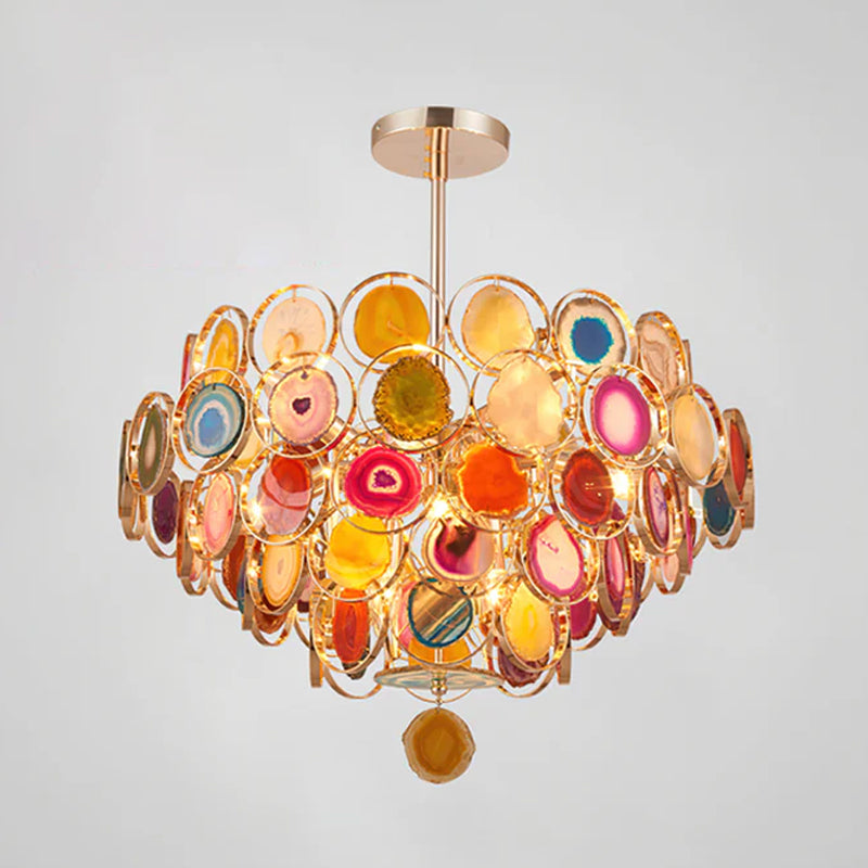 Agaat Kroonluchter – Natuursteen Hanglamp met Goudkleurige Montage – Echt Braziliaans Agaat Verlicht