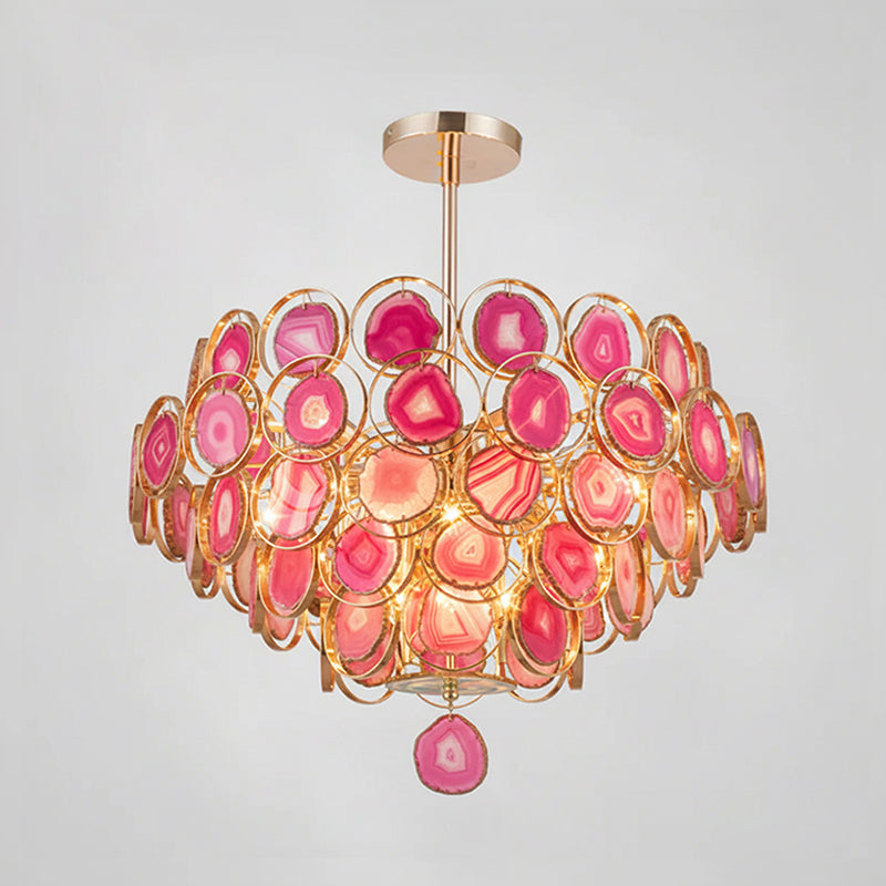 Agaat Kroonluchter – Natuursteen Hanglamp met Goudkleurige Montage – Echt Braziliaans Agaat Verlicht
