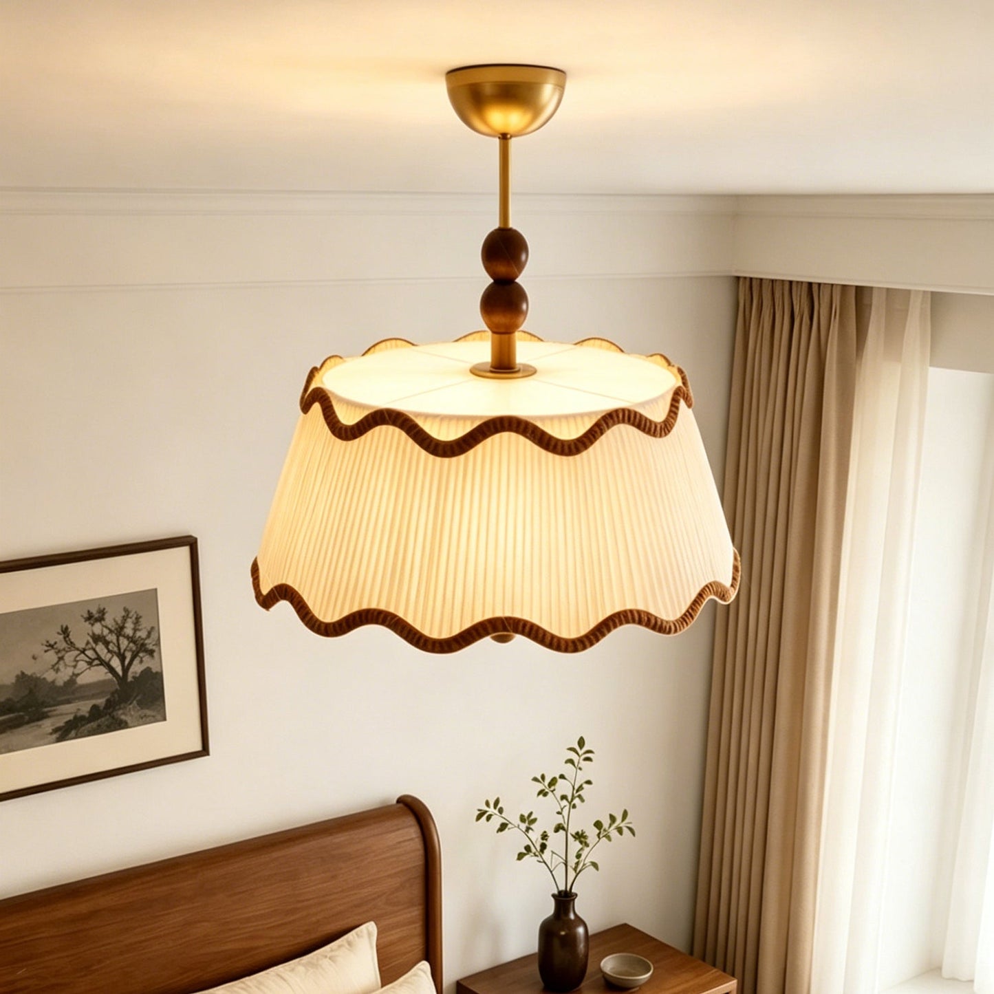 Plafondlamp met Geplooide Kap en Houten Kralen – Vintage Cottage Stijl voor Warm Sfeervol Licht