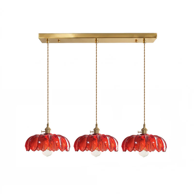 Retro Hanglamp met Bloembladkap en Messing Armatuur – Vintage Elegantie in Zes Glaskleuren – Enkele of Drievoudige Lichtpunten
