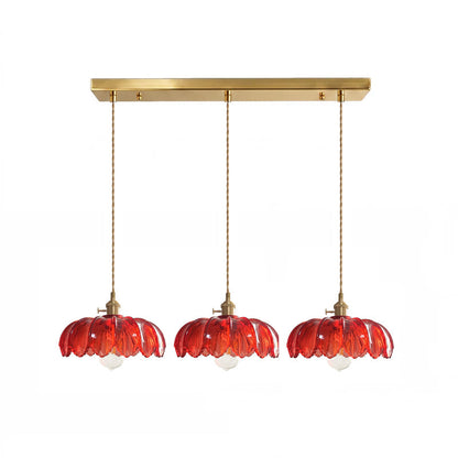 Retro Hanglamp met Bloembladkap en Messing Armatuur – Vintage Elegantie in Zes Glaskleuren – Enkele of Drievoudige Lichtpunten