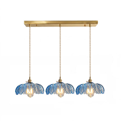 Retro Hanglamp met Bloembladkap en Messing Armatuur – Vintage Elegantie in Zes Glaskleuren – Enkele of Drievoudige Lichtpunten
