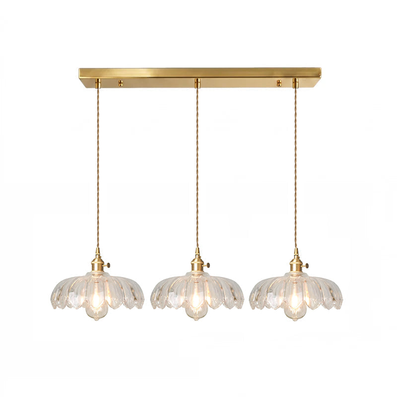 Retro Hanglamp met Bloembladkap en Messing Armatuur – Vintage Elegantie in Zes Glaskleuren – Enkele of Drievoudige Lichtpunten