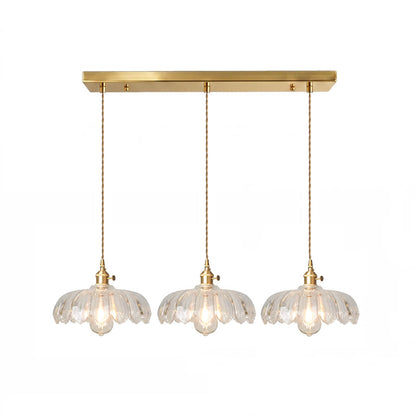Retro Hanglamp met Bloembladkap en Messing Armatuur – Vintage Elegantie in Zes Glaskleuren – Enkele of Drievoudige Lichtpunten