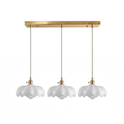 Retro Hanglamp met Bloembladkap en Messing Armatuur – Vintage Elegantie in Zes Glaskleuren – Enkele of Drievoudige Lichtpunten
