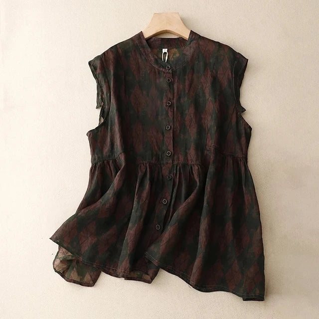 Vrouwelijke Blouse Linnen Bloemenprint Retro Stijl