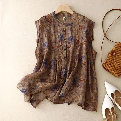 Vrouwelijke Blouse Linnen Bloemenprint Retro Stijl - StudioMarella