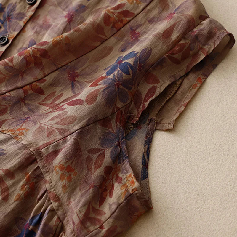 Vrouwelijke Blouse Linnen Bloemenprint Retro Stijl