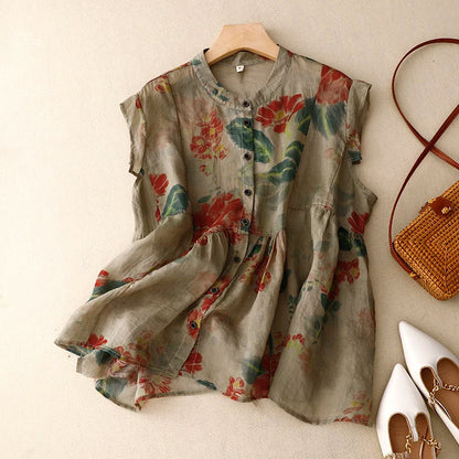 Vrouwelijke Blouse Linnen Bloemenprint Retro Stijl