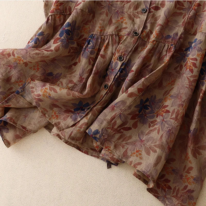Vrouwelijke Blouse Linnen Bloemenprint Retro Stijl