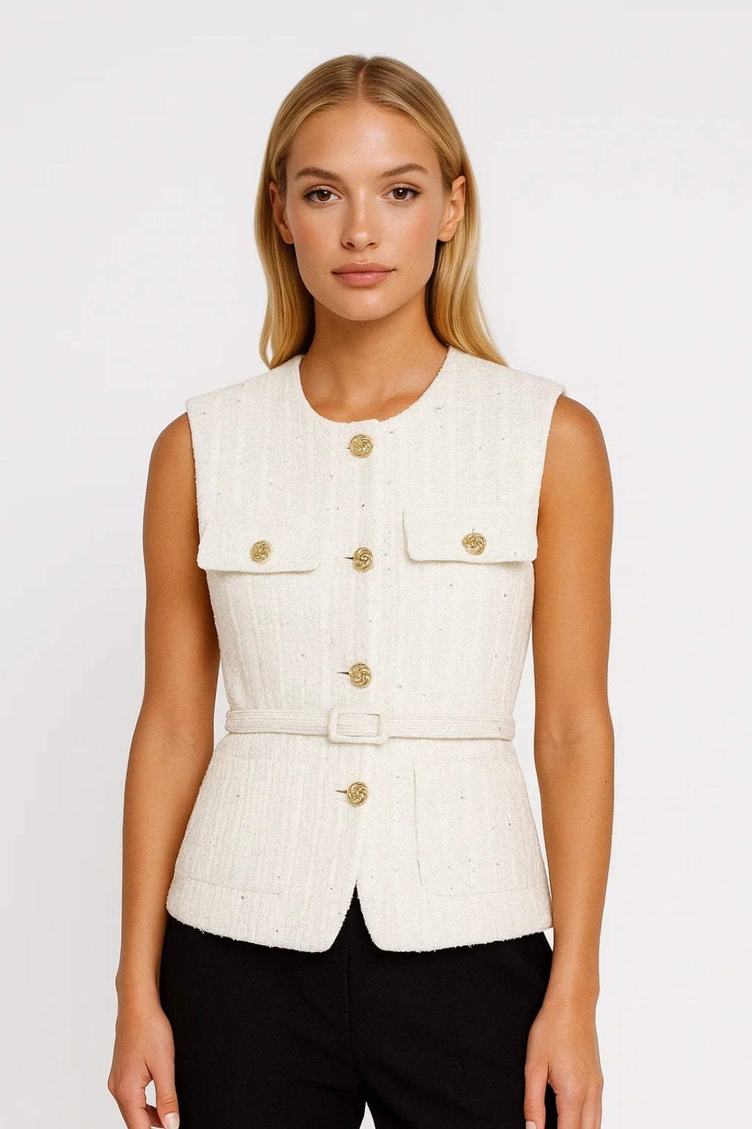 Mouwloos Damesgilet Goudkleurige Knopen Slank Fit