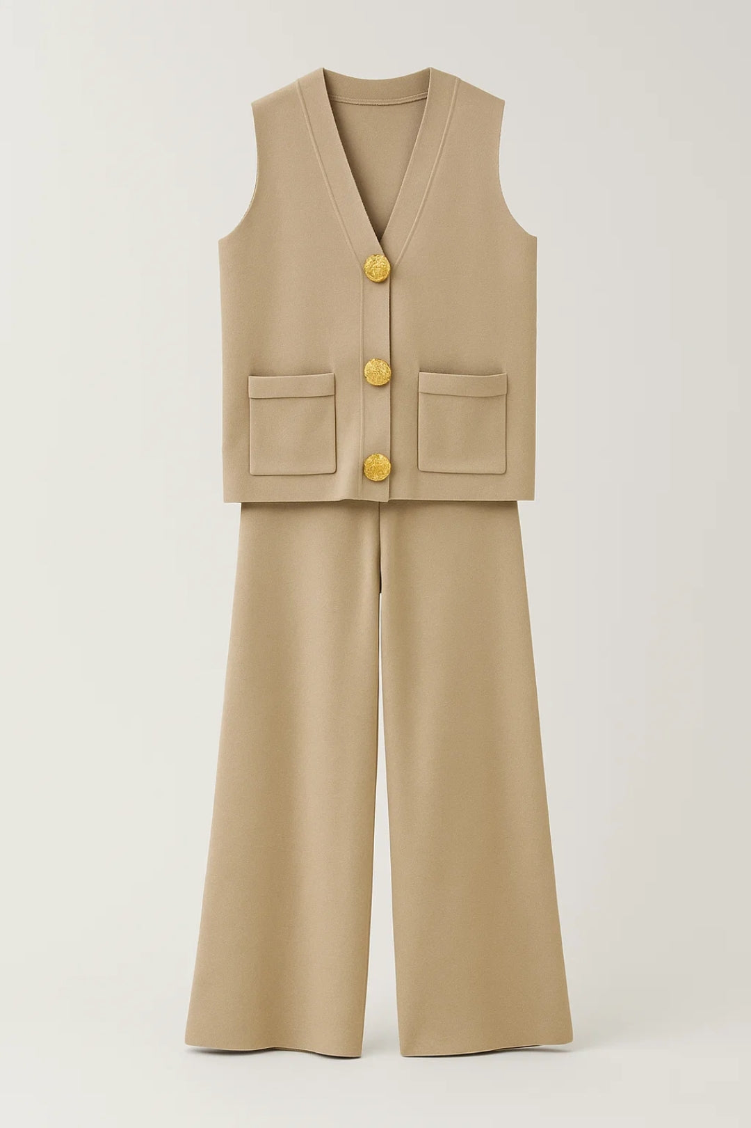 Mouwloze Gilet Set met Rechte Pantalon en Gouden Knopen Elegant