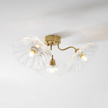 Glazen Plafondlamp met Bladmotief – 3, 5 of 6 Lichtpunten – Gouden Armatuur met Helder of Roze Matglas