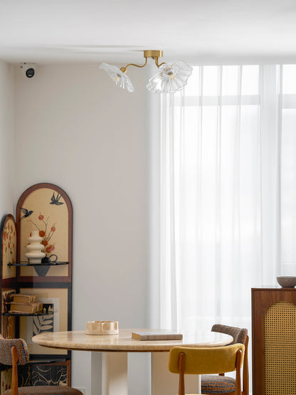 Glazen Plafondlamp met Bladmotief – 3, 5 of 6 Lichtpunten – Gouden Armatuur met Helder of Roze Matglas