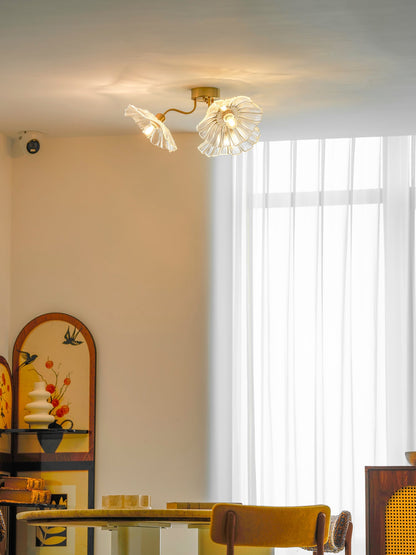 Glazen Plafondlamp met Bladmotief – 3, 5 of 6 Lichtpunten – Gouden Armatuur met Helder of Roze Matglas