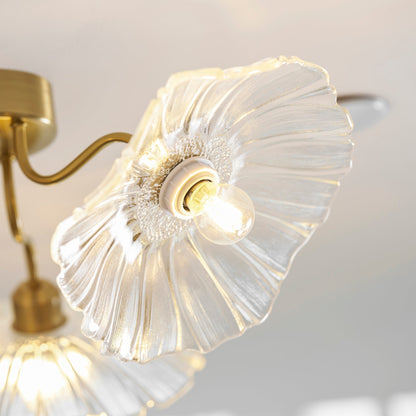 Glazen Plafondlamp met Bladmotief – 3, 5 of 6 Lichtpunten – Gouden Armatuur met Helder of Roze Matglas