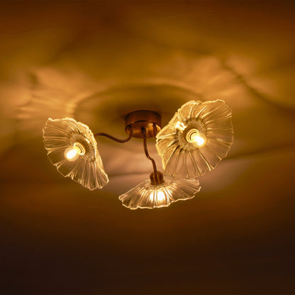 Glazen Plafondlamp met Bladmotief – 3, 5 of 6 Lichtpunten – Gouden Armatuur met Helder of Roze Matglas