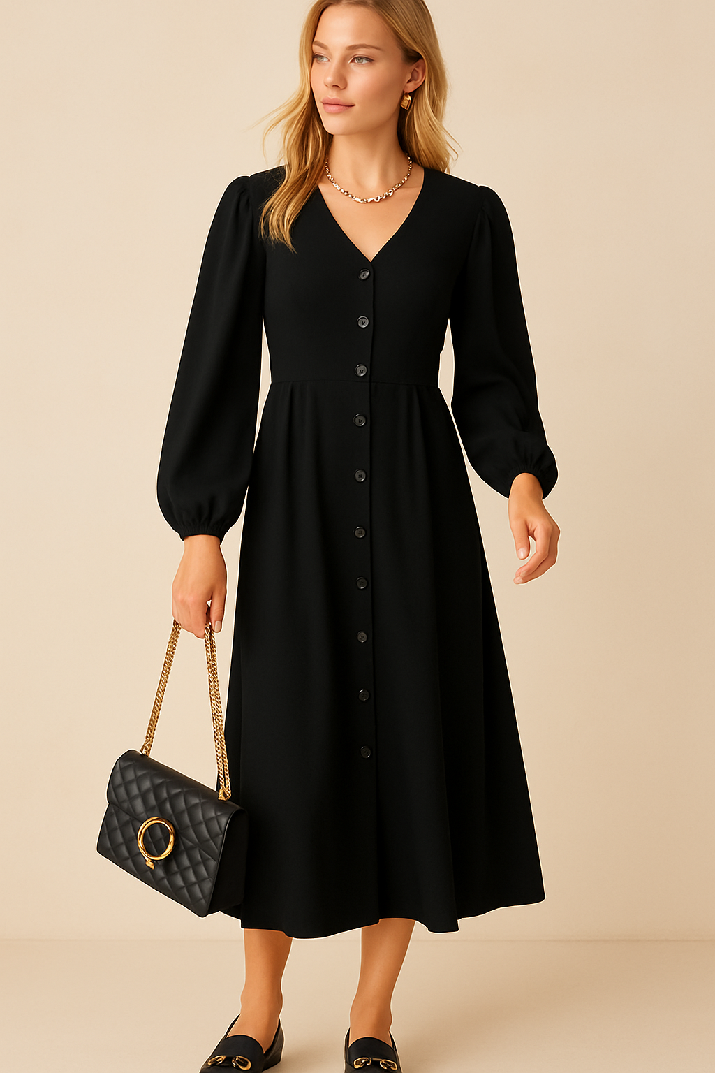 Dames Maxi Jurk Lange Mouwen Zomerjurk met Knoopsluiting