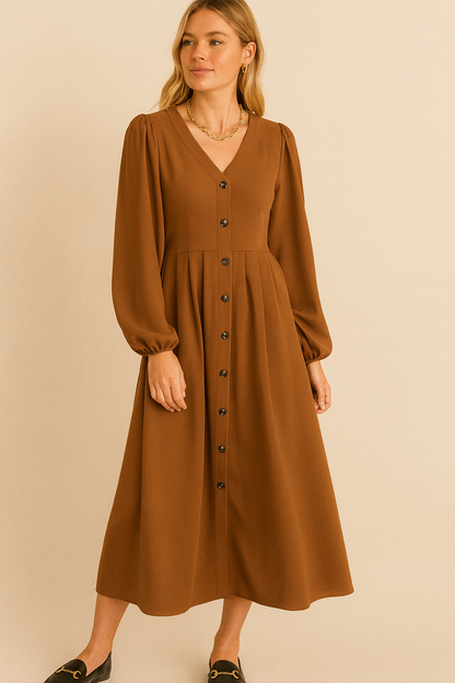 Dames Maxi Jurk Lange Mouwen Zomerjurk met Knoopsluiting