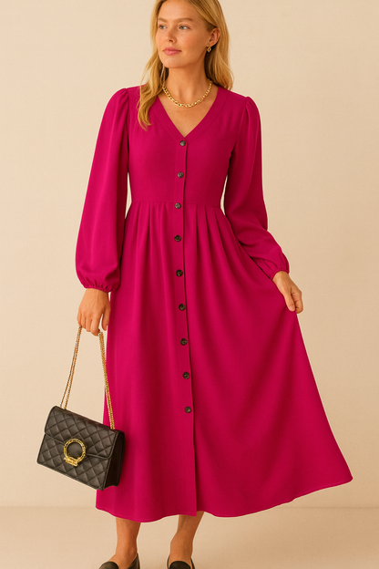 Dames Maxi Jurk Lange Mouwen Zomerjurk met Knoopsluiting