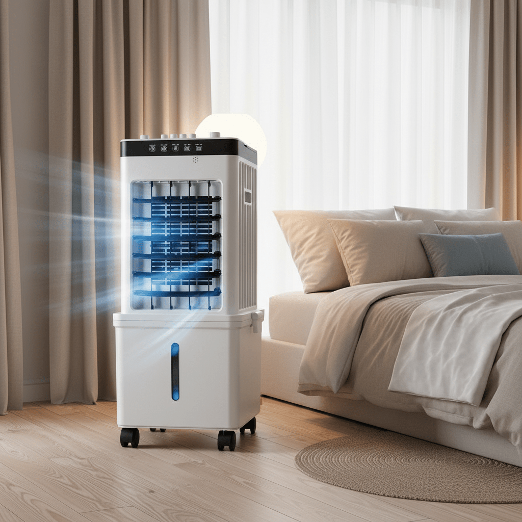 Mobiele Luchtkoeler met Waterkoeling 15L – Ventilator met Zwenkfunctie en IJskoeling voor Slaapkamer, Woonkamer en Kantoor