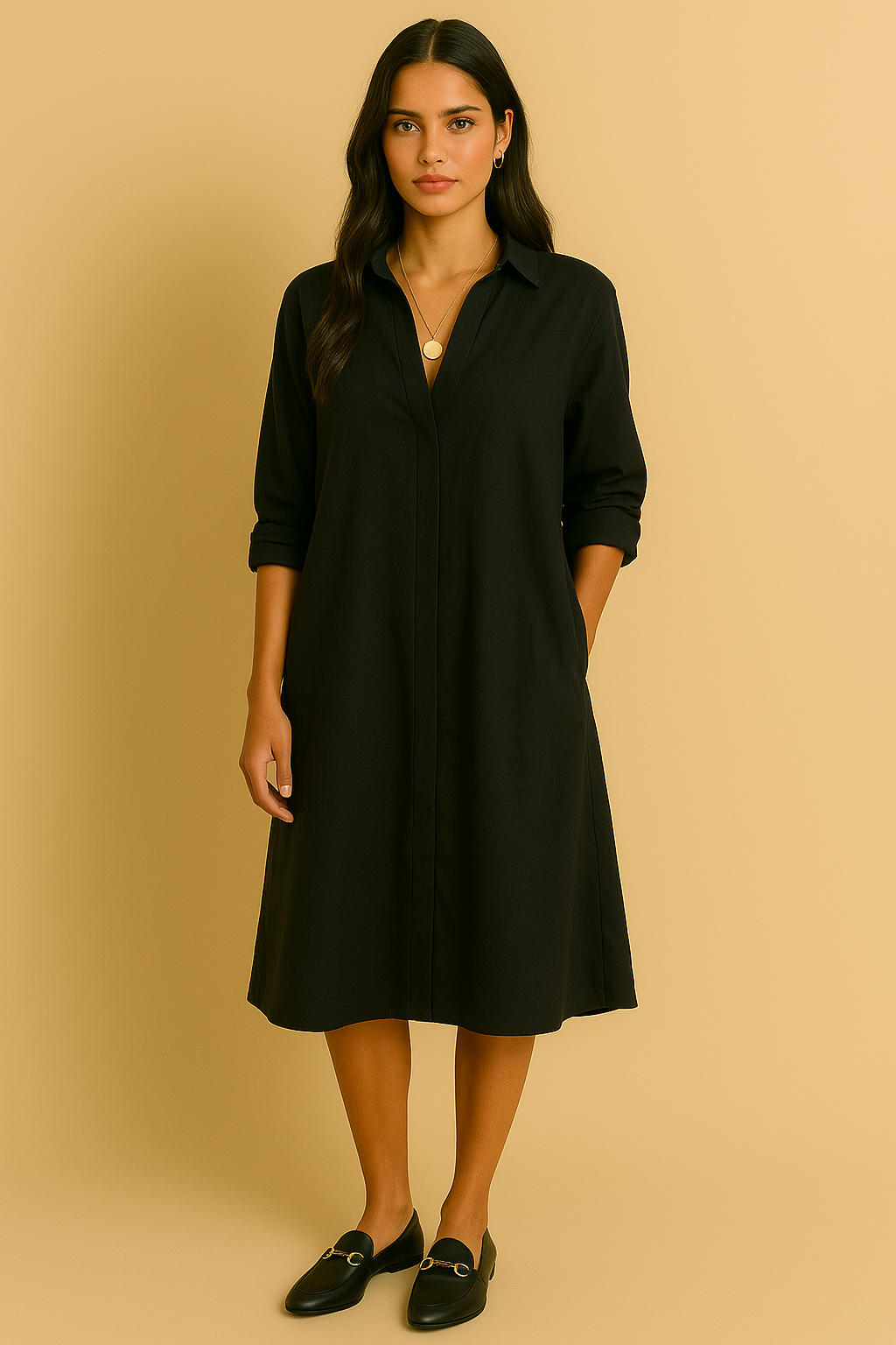 Dames Jurk Zwart Midi Elegante Knoopsluiting
