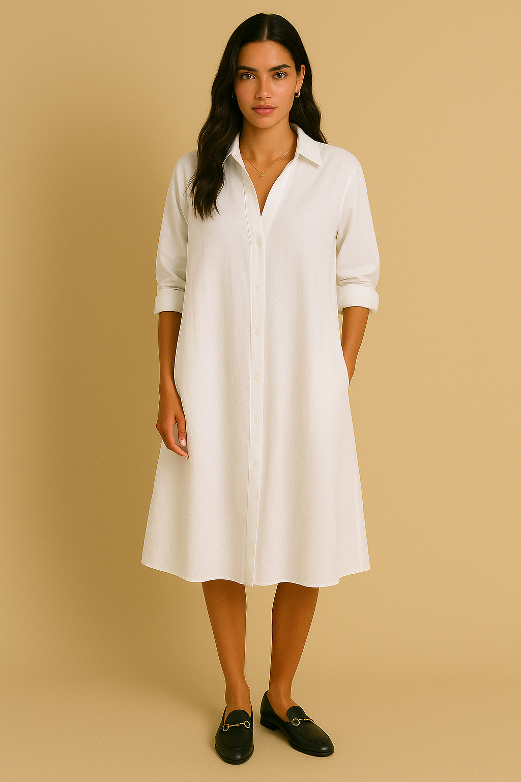 Dames Jurk Zwart Midi Elegante Knoopsluiting