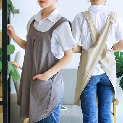 Koreaans geïnspireerd cross-back schort – linnen katoenen keukenschort met kruisbanden en zakken – tuinschort voor koken en bakken