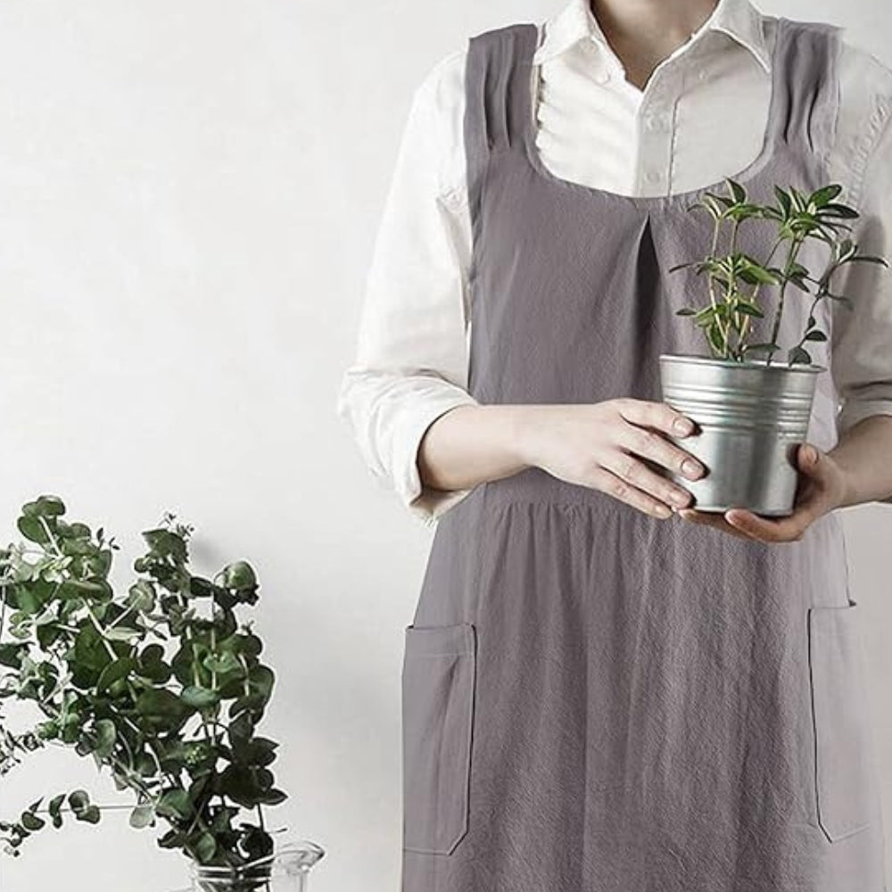 Koreaans geïnspireerd cross-back schort – linnen katoenen keukenschort met kruisbanden en zakken – tuinschort voor koken en bakken