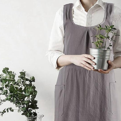 Koreaans geïnspireerd cross-back schort – linnen katoenen keukenschort met kruisbanden en zakken – tuinschort voor koken en bakken