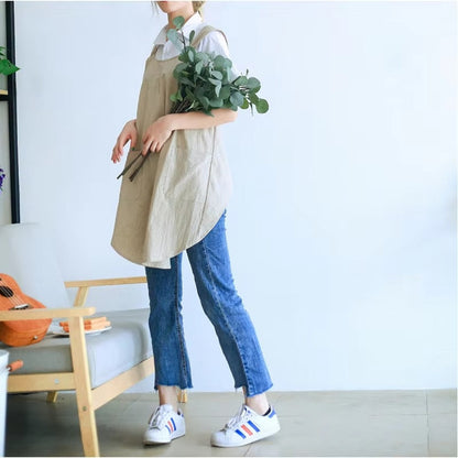 Koreaans geïnspireerd cross-back schort – linnen katoenen keukenschort met kruisbanden en zakken – tuinschort voor koken en bakken