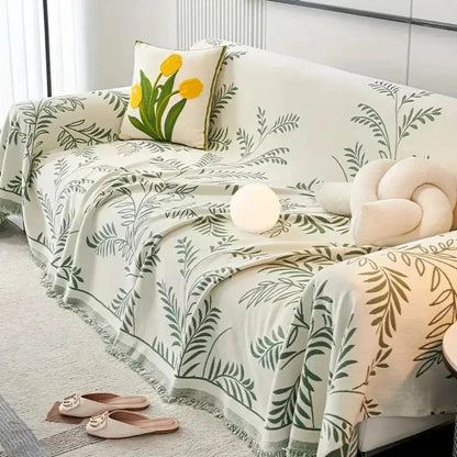 Chenille Jacquard Bankbeschermer met Bladpatroon – Antislip Bankhoes Bescherming