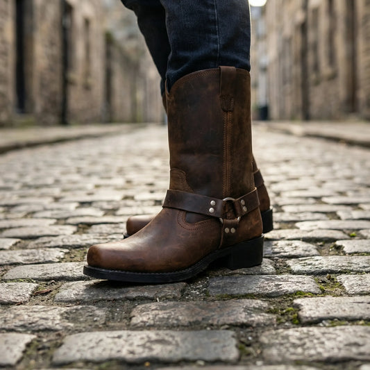 Vintage Western Laarzen Heren met Harness Gesp – Handgemaakt Leer Cognac Eiken Zwart