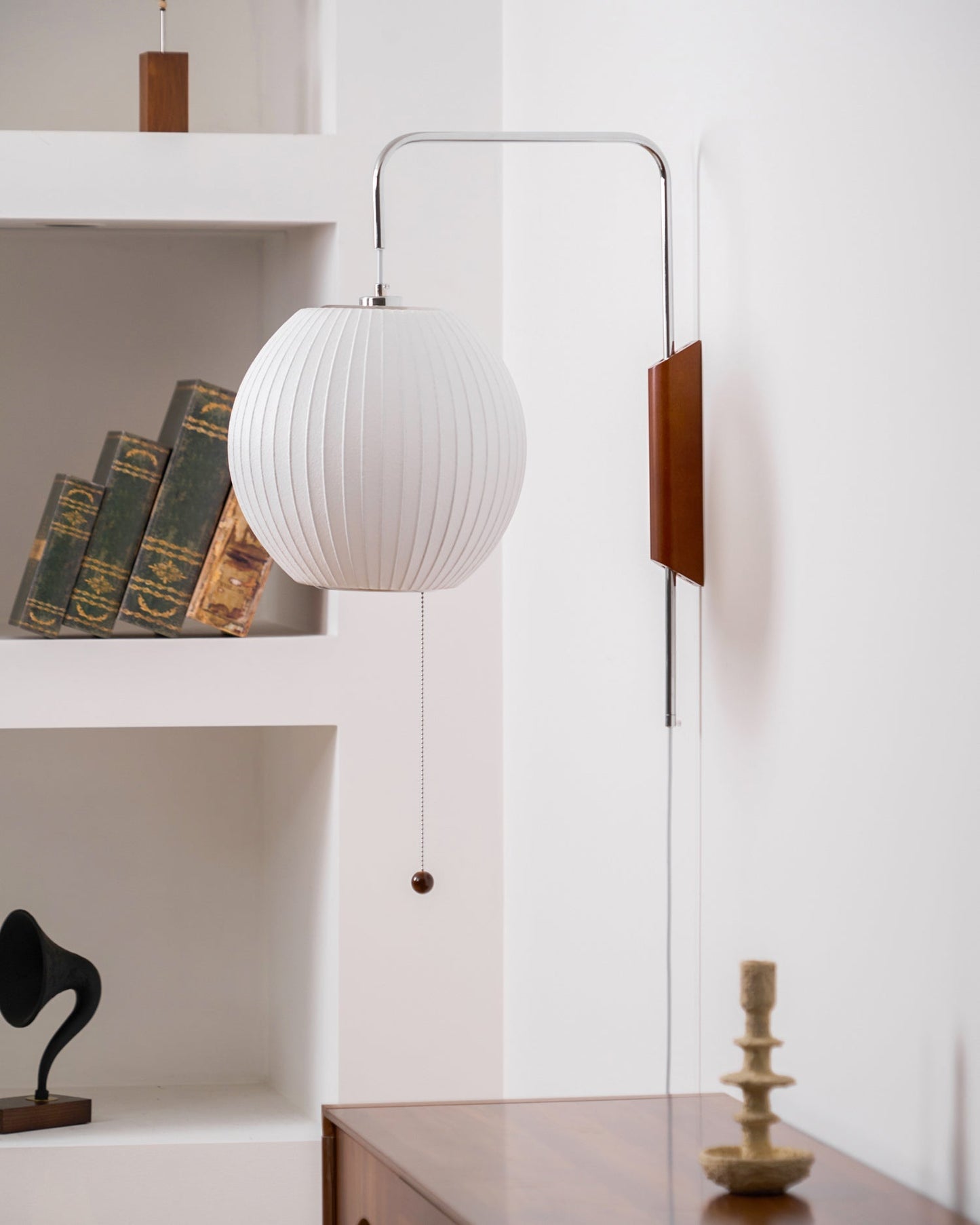 Wandlamp Zijden Kap Walnoot Metaal Wit Woonkamer Slaapkamer