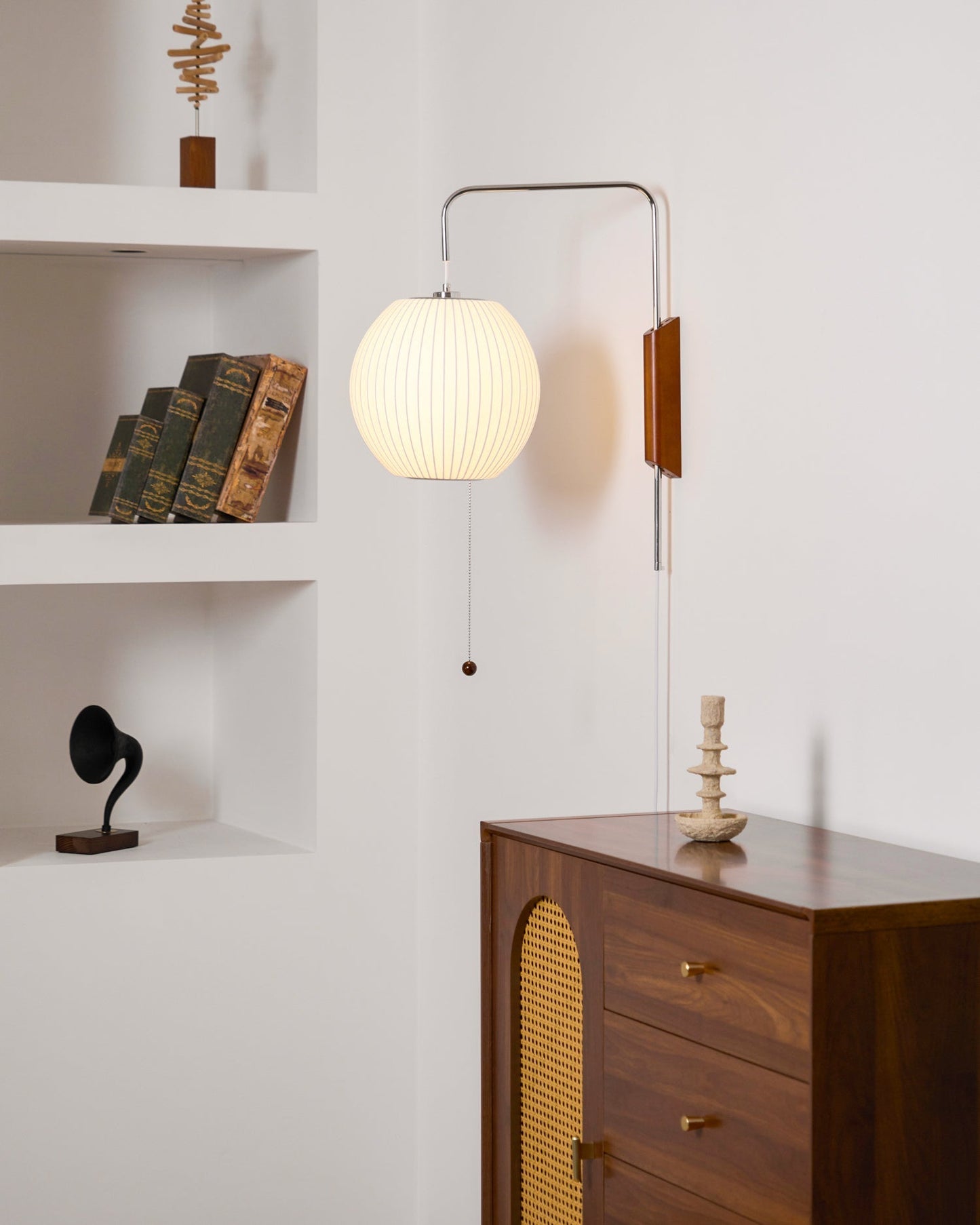 Wandlamp Zijden Kap Walnoot Metaal Wit Woonkamer Slaapkamer
