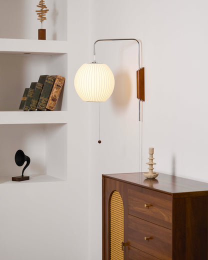 Wandlamp Zijden Kap Walnoot Metaal Wit Woonkamer Slaapkamer