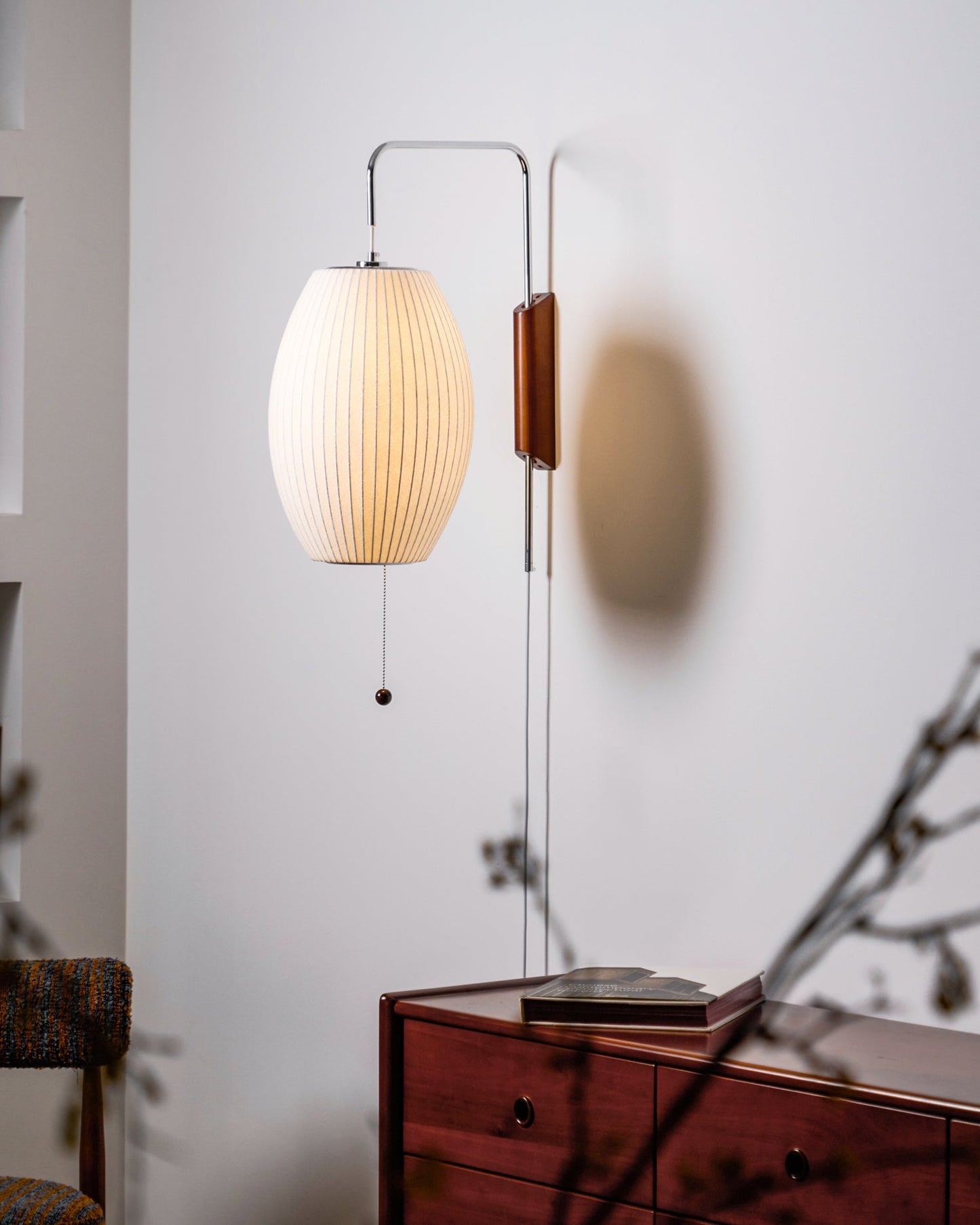 Wandlamp Zijden Kap Walnoot Metaal Wit Woonkamer Slaapkamer